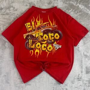 Y2K El Toro Loco Monster Jam Graphic T Shirt Red Flames Truck Tee Youth Large